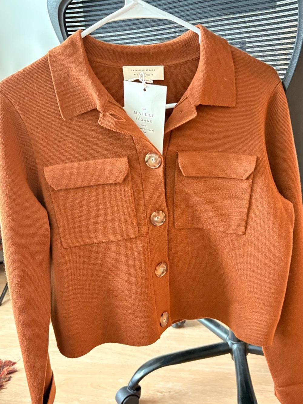 Sezane Rust Button-Down Pocket Knit Top